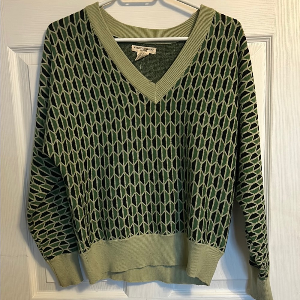 Green Patterned V-Neck Sweater